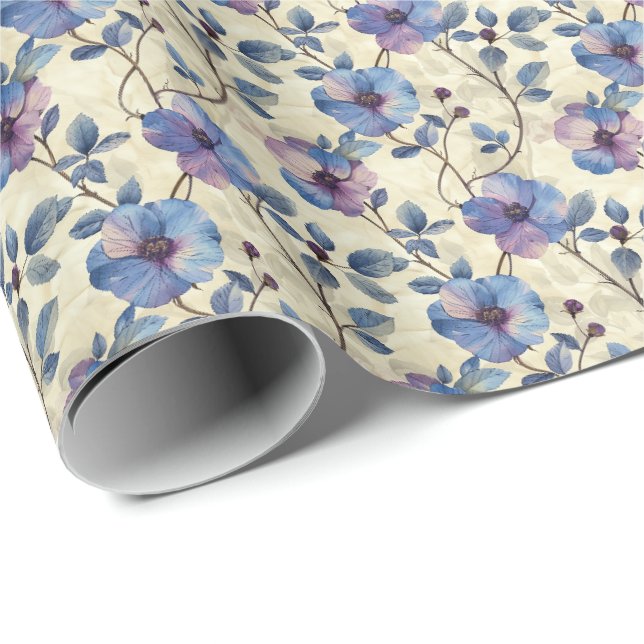 Blå och lila blomsterfödelsedagspresentförpackning presentpapper (Rullad Hörn)