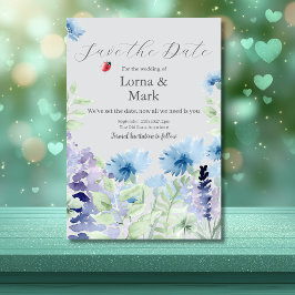 Blå och lila blomsterkort för Save The Date Spara Datumet