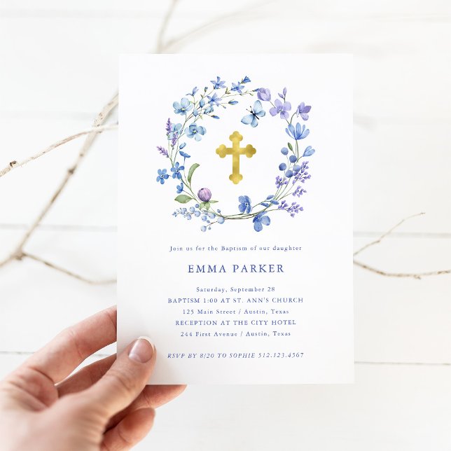 Blå och Lila Boho Wandeand och Kor | Baptism Inbjudningar (Skapare uppladdad)