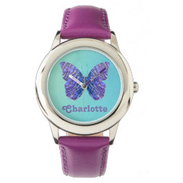 Blå och Lila Butterfly Namn Monogram Armbandsur