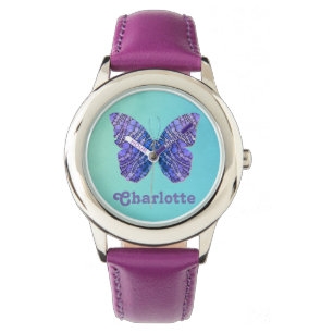 Blå och Lila Butterfly Namn Monogram Armbandsur