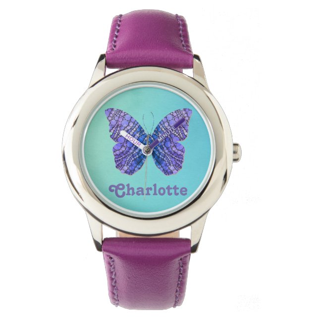 Blå och Lila Butterfly Namn Monogram Armbandsur (Framsida)