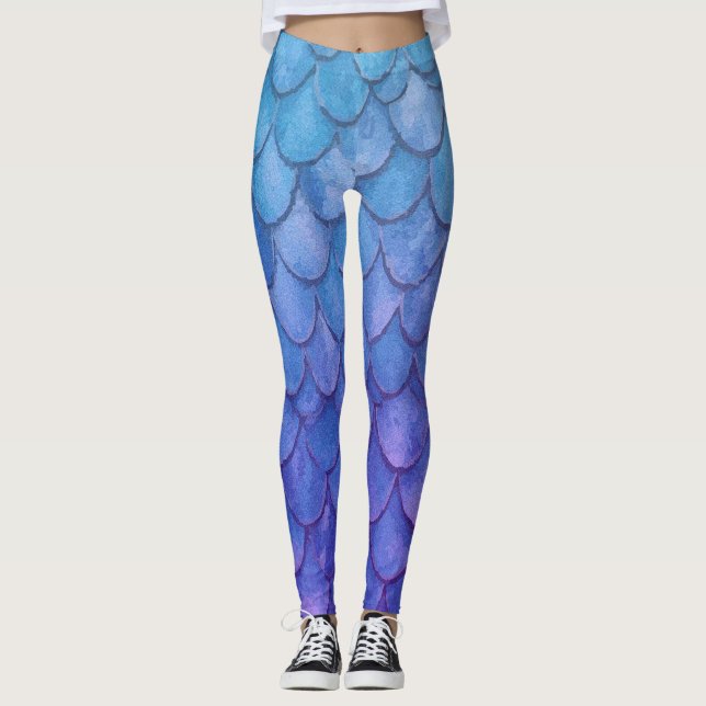 Blå och lila fjäll på havsfrun leggings (Framsida)