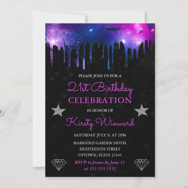 Blå och lila galaxmarmor 21-årsdag inbjudningar (Framsida)