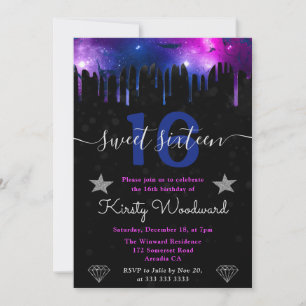 Blå och lila galaxmarmor Sweet Sixteen Inbjudningar
