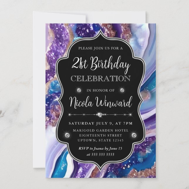 Blå och lila glittermarmoragate 21-årsdag inbjudningar (Framsida)