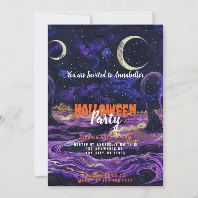 Blå och lila himmel halvmåne Halloween-fest Inbjudningar (Framsida)