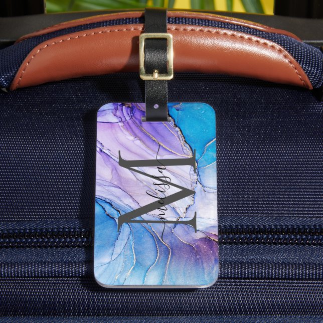 Blå och Lila marmorerat Monogram Bagagebricka (Framsida Insitu 2)
