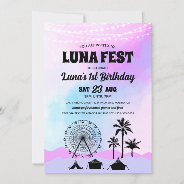 Blå och Lila Music Festival Birthday Inbjudningar (Framsida)