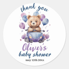 Blå och lila nalle-ballonger babydusch runt klistermärke