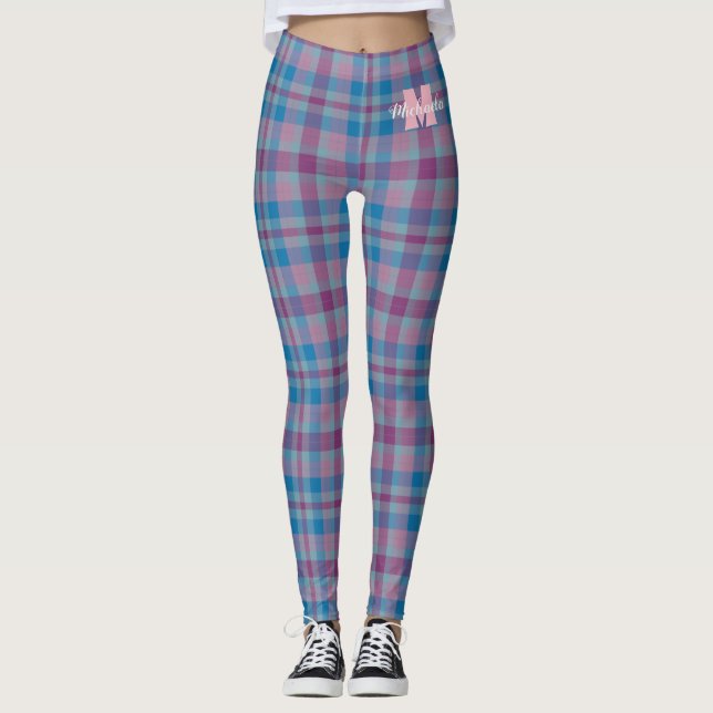 Blå och lila plaid monogramlegeringar leggings (Framsida)
