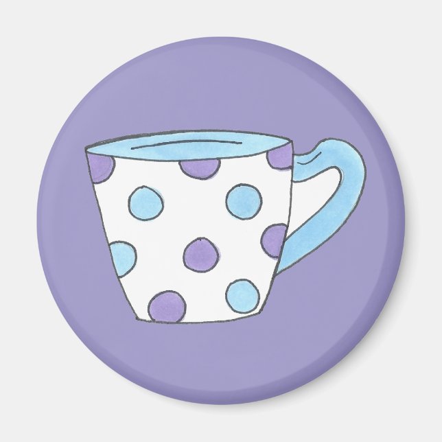 Blå och Lila Polka Dot Tea Kopp Tekopp Magnet (Framsidan)