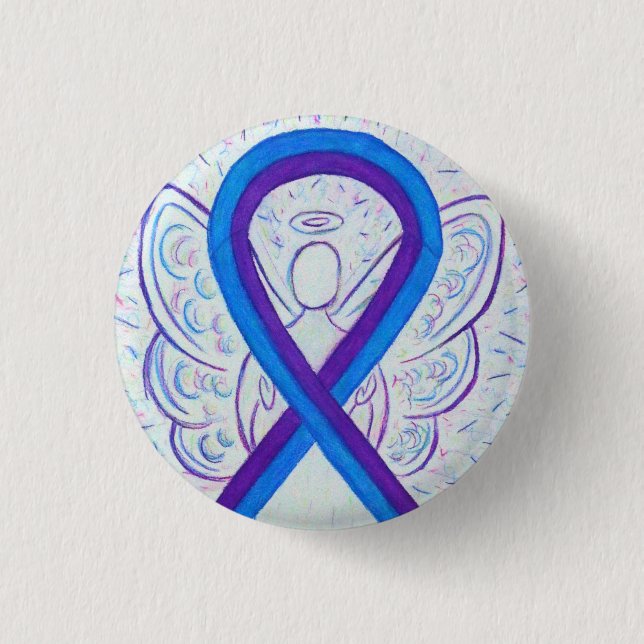 Blå och Lila Ribbon Awareness Angel Stift Knapp (Framsida)