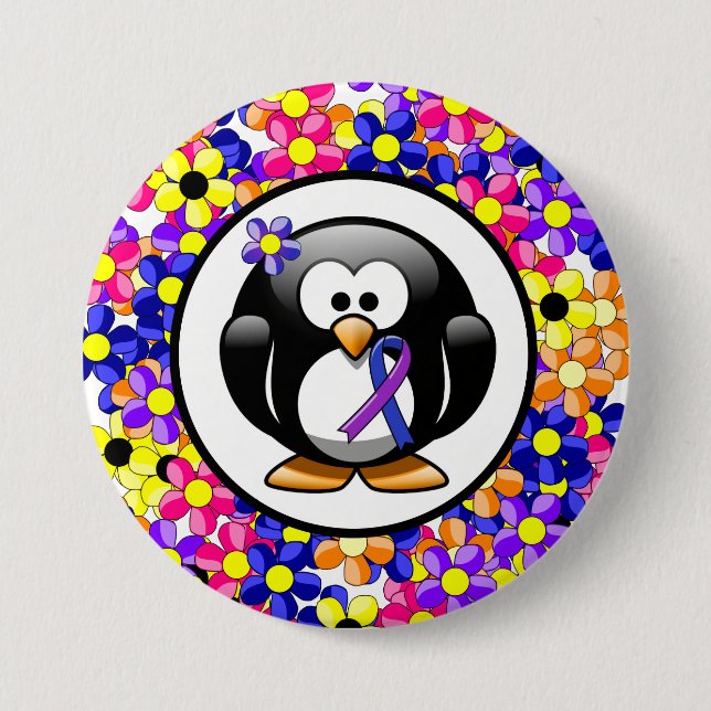 Blå och Lila Ribbon Penguin Knapp (Framsida)