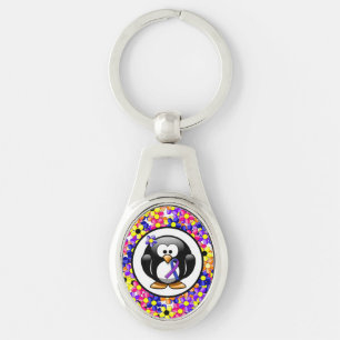 Blå och Lila Ribbon Penguin Ovalt Silverfärgad Nyckelring