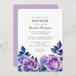 Blå och lila ro. Baptism i vattenfärgen blommigt Inbjudningar