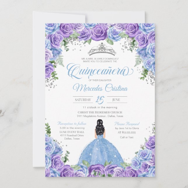 Blå och Lila Ro & Silver Tiara Quinceanera I Inbjudningar (Framsida)