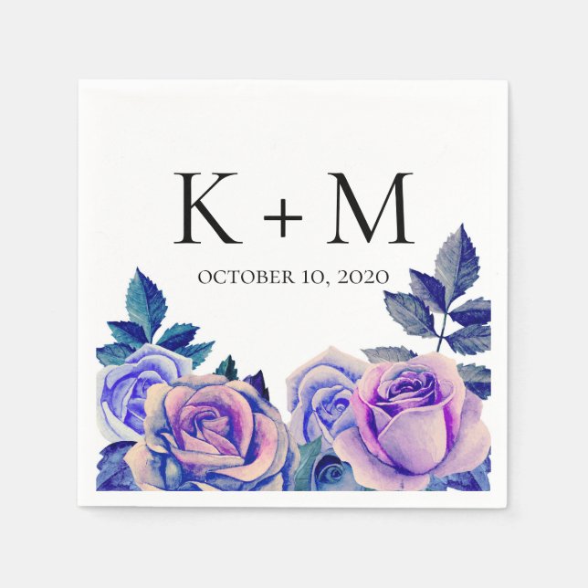 Blå och lila rosor akvarell. Bröllopsblommor Pappersservett (Framsidan)