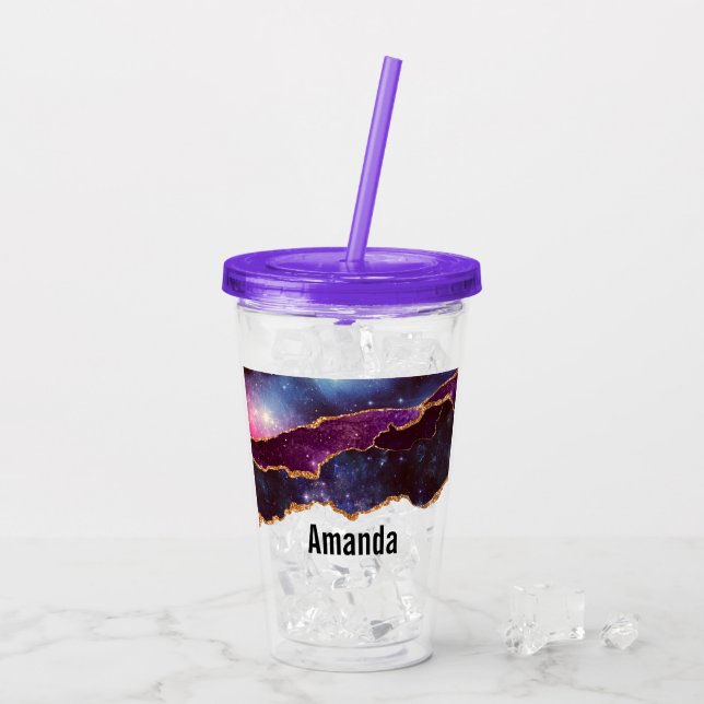 Blå och lila rymd och stjärnor med guldband take away mugg (Baksida Ice)