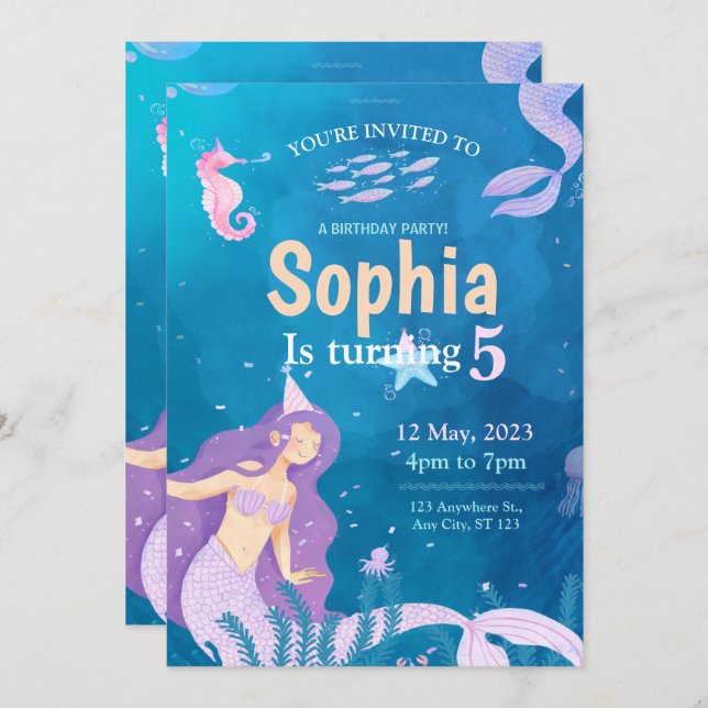 Blå och Lila Sjöjungfru Födelsedagsfest inbjudan (Fram/baksida)