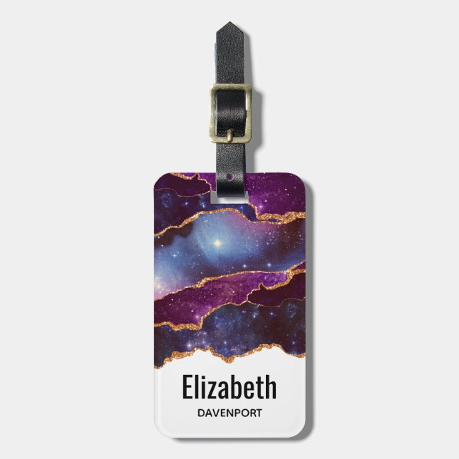 Blå och Lila Space och stjärnor med Guld-menyfliks Bagagebricka (Vertikal Framsida)