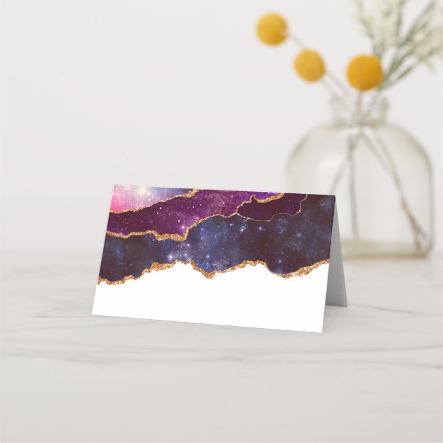 Blå och Lila Space och stjärnor med Guld-menyfliks Placeringskort (Framsida)