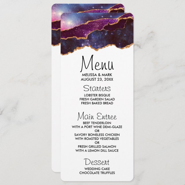 Blå och Lila Space och stjärnor Modern Agate Inbjudningar (Fram/baksida)