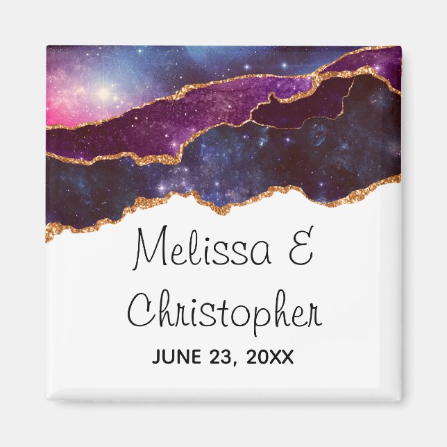 Blå och Lila Space & Stars Modern Agate Bröllop Magnet (Framsidan)