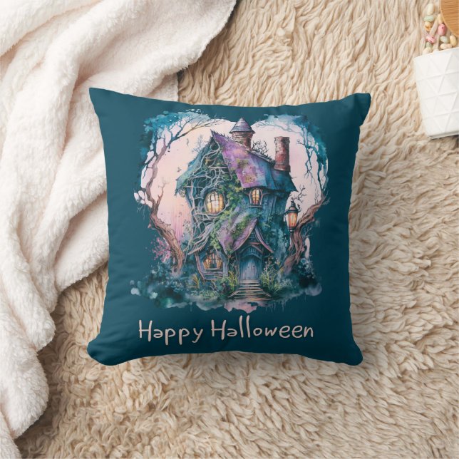 Blå och lila spökhus Blå Gott Halloween Kudde (Filt)