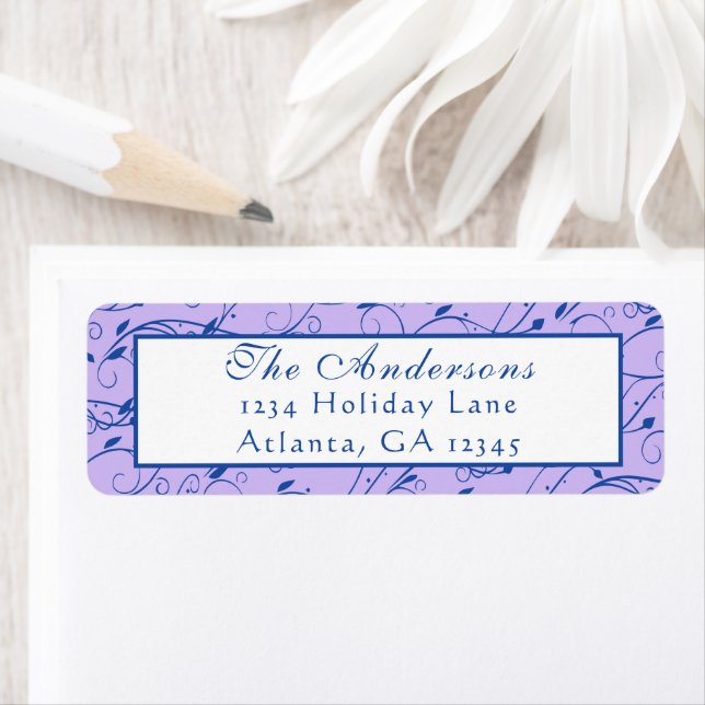 Blå och Lilac Blommigt Bröllop Returadress Etikett (Insitu)