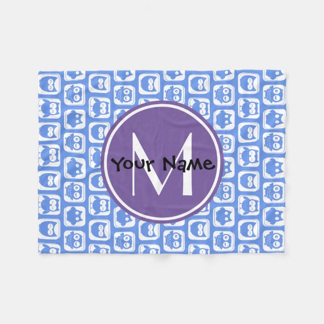 Blå och Lilac Uggla Anpassningsbar Monogram Person Fleecefilt (Framsidan (Horisontell))