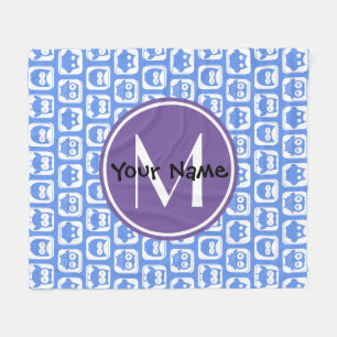 Blå och Lilac Uggla Anpassningsbar Monogram Person Fleecefilt