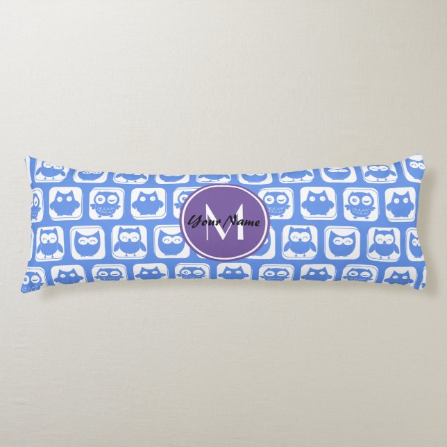 Blå och Lilac Uggla Anpassningsbar Monogram Person Kroppskudde (Framsidan)