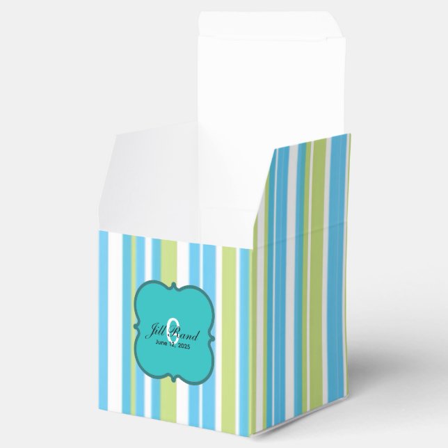 Blå och limmad grön stripe presentaskar (Öppnad)