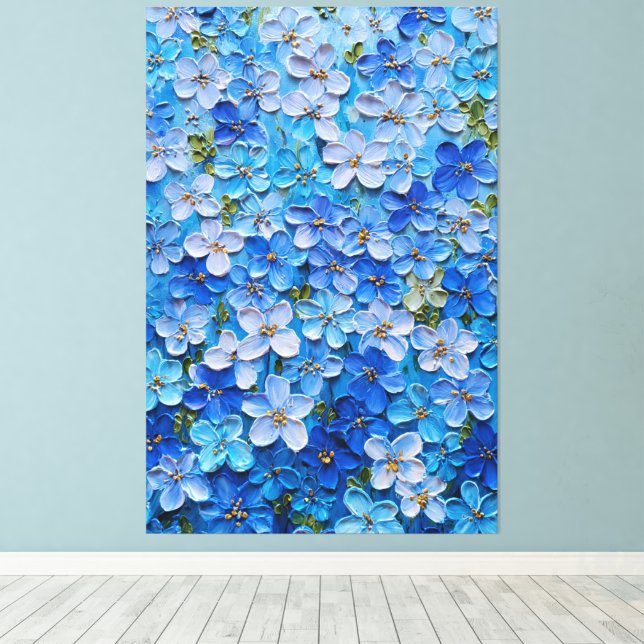 Blå och ljusblå blomstermönstrad abstrakt väggkons canvastryck (Insitu (trägolv))