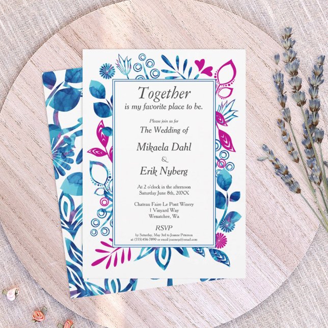 Blå och Magenta Rosa Bröllop Inbjudningar (blue and pink, royal blue and magenta floral wedding invitations, floral frame border)