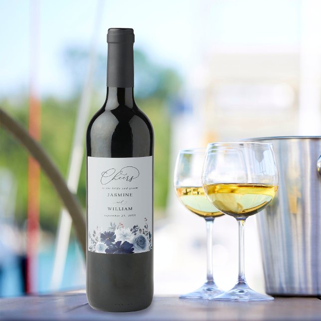 Blå och marin Blommigt Bröllop - blått Grått Vinflaska Etikett (Skapare uppladdad)