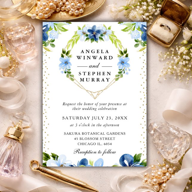 Blå och marinblå blommor Hjärtkrans Bröllop Inbjudningar (Skapare uppladdad)