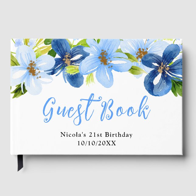 Blå och marinblå blommor med födelseblad gästböcker (Framsida)