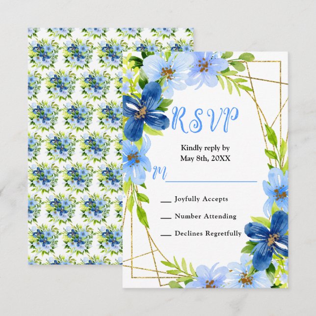 Blå och Marinblå Blommor med Löv Bröllop OSA Kort (Fram/baksida)