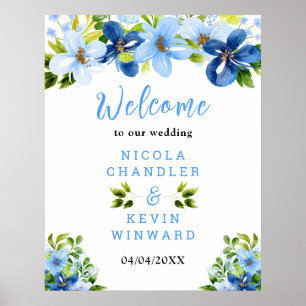 Blå och marinblå blommor vigsel välkomstskylt poster