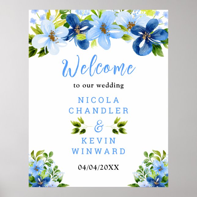 Blå och marinblå blommor vigsel välkomstskylt poster (Framsidan)