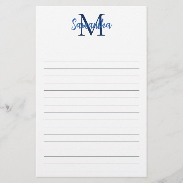 Blå och marinblå kantad minimalistisk monogram brevpapper (Framsida)