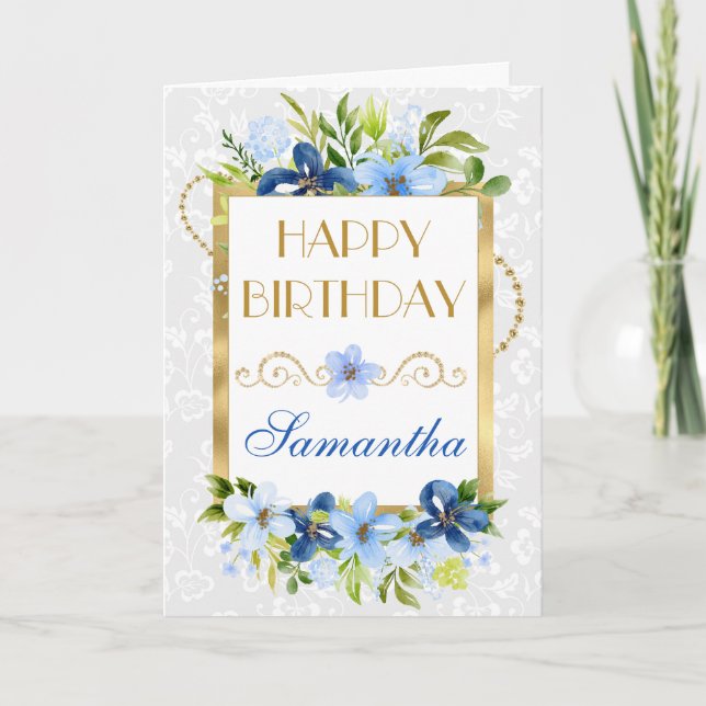 Blå och marinblå sommarblommor Guld folie födelsed Kort (Framsida)