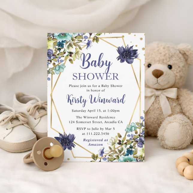 Blå och marinblå sommarblommor ram baby shower inbjudningar (Skapare uppladdad)