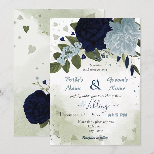 Blå och marinblommor, grönt bröllop inbjudningar (Fram/baksida)