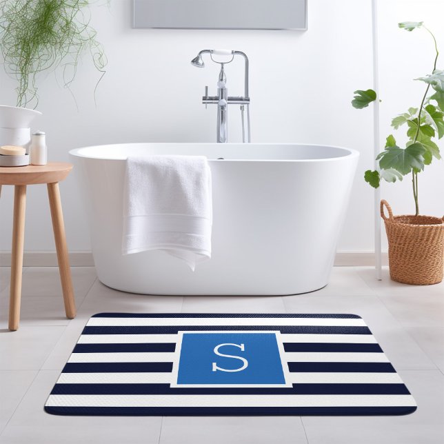 Blå och marinränder med monogram badrumsmatta (Skapare uppladdad)