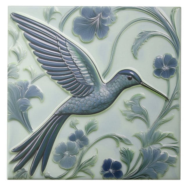 Blå och mint faux relief Art nouveau Hummingbird R Kakelplatta (Framsidan)