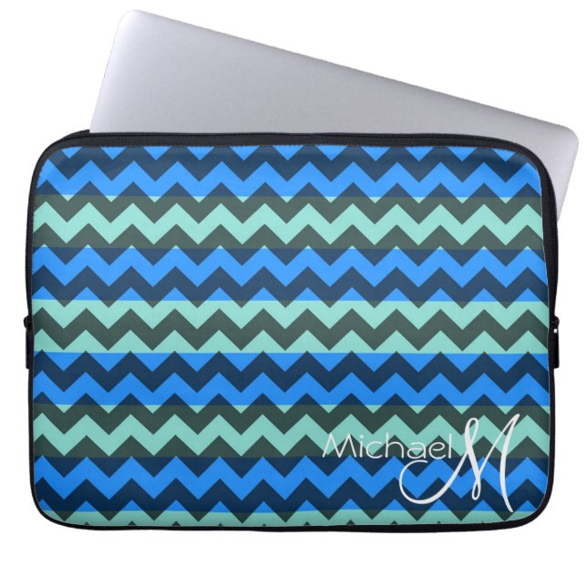 Blå och mintfärgad Chevron Sicksack Monogram Laptop Fodral (Framsidan)