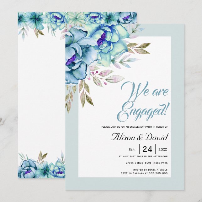 Blå och mintfärgad grönt, vattenfärgsblommor, förl inbjudningar (Fram/baksida)